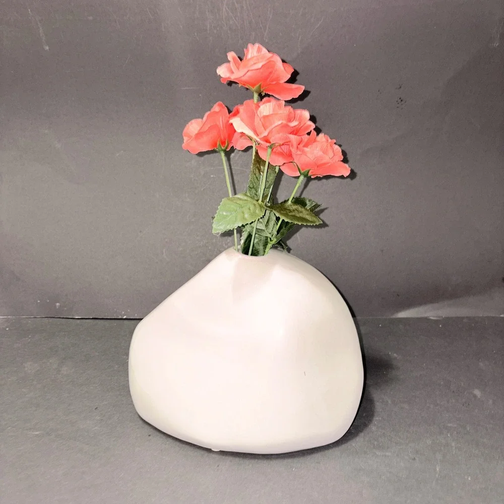 Modernist White Ceramic Asymmetrical Organic Pebble Bud Vase Sculptural Decor